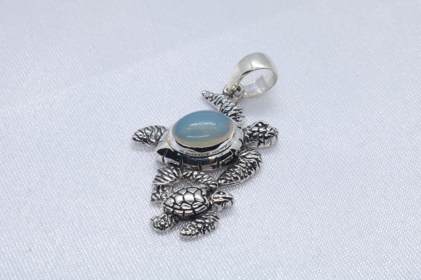 Opal Turtle Hawaiian Honu Mom and Baby silver Necklace Pendant