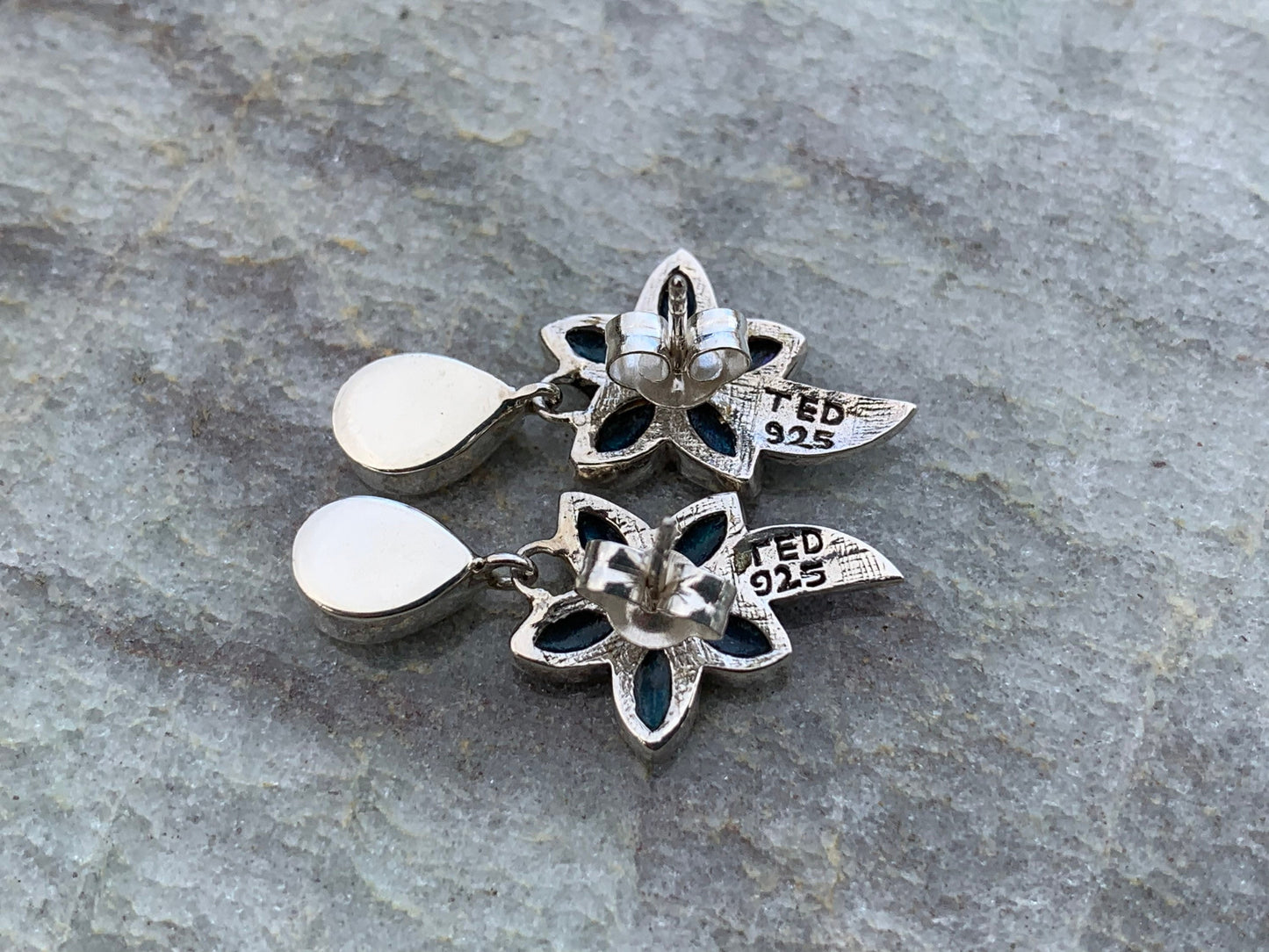 Plumeria Opal Earrings Studs. Abalone shell, Silver.