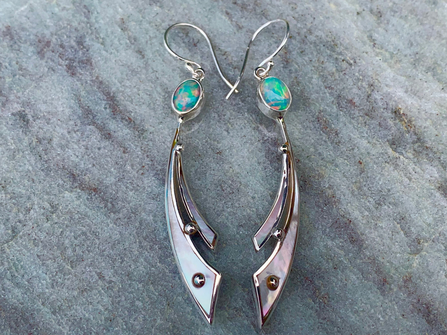 Opal Ocean Wave Earrings. Mother of Pearl, Sterling Silver.
