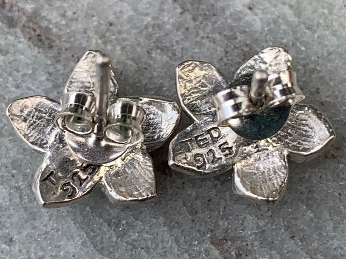 Plumeria Flower Earrings Studs. Sterling Silver. Peridot.