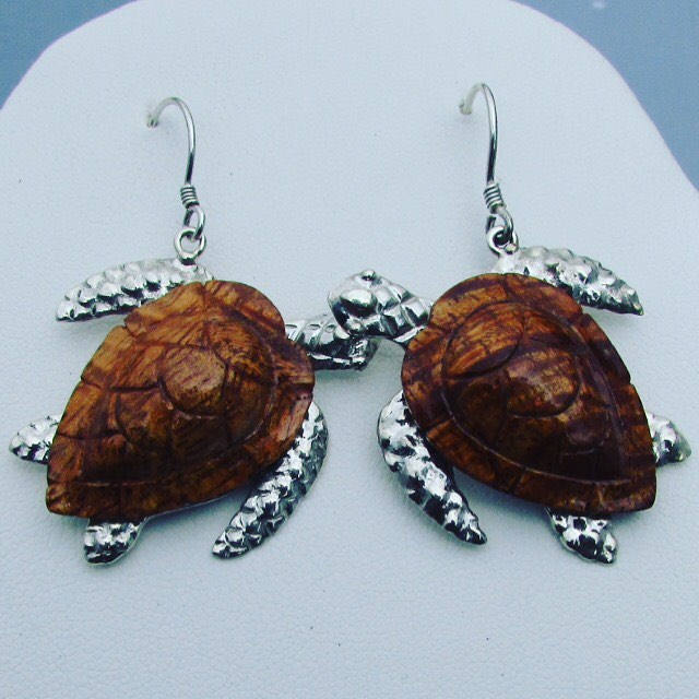 Sea Turtle Earrings Large | Koa Wood | Sterling Silver | Ocean | Beach | Gift | Jewelry | Handmade | Unique