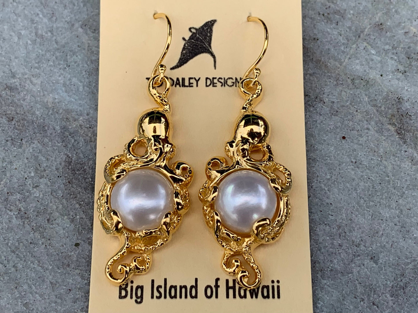18k gold vermeil white mabe pearl octopus earrings.