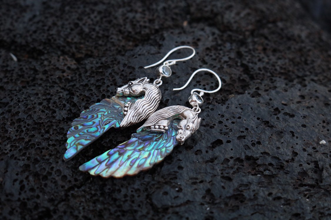 Pegasus Horse Wings Cowgirl Jewelry Earrings. Sterling Silver, Blue Topaz, Abalone Paua Shell.