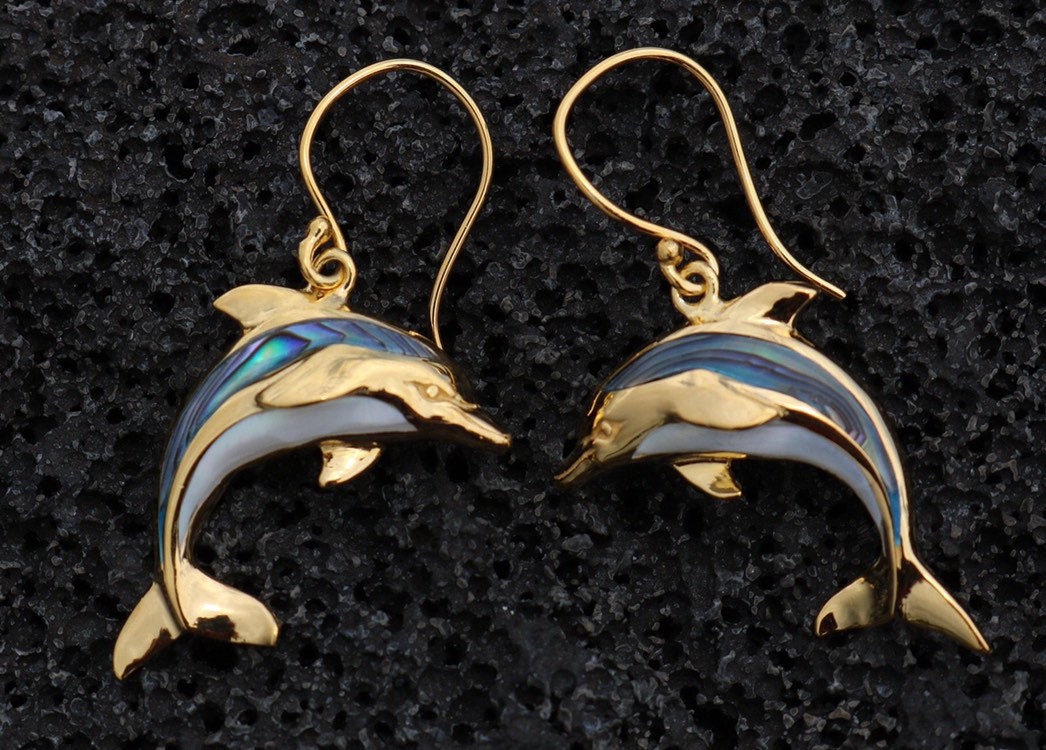 18K Gold Vermeil Aumakua Dolphins Earrings. Abalone Paua Shell, Mother of Pearl, 18K Gold, Sterling Silver.