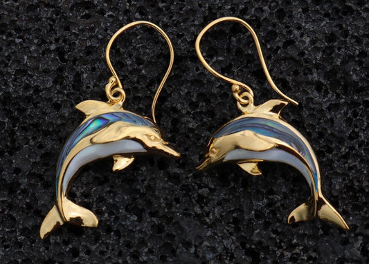 18K Gold Vermeil Aumakua Dolphins Earrings. Abalone Paua Shell, Mother of Pearl, 18K Gold, Sterling Silver.