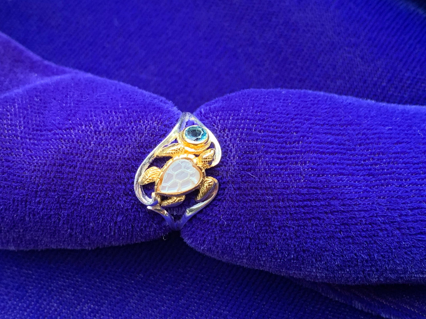 Swiss Topaz Turtle Ring. Mother of Pearl, Silver, Gold.