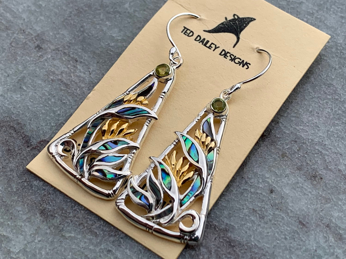 Bird of Paradise Flower Blue Peridot Silver Gold Shell Earrings