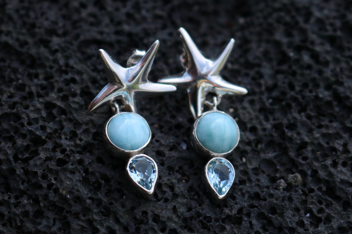 Starfish Larimar Blue Topaz Stud Earrings. Sterling Silver.