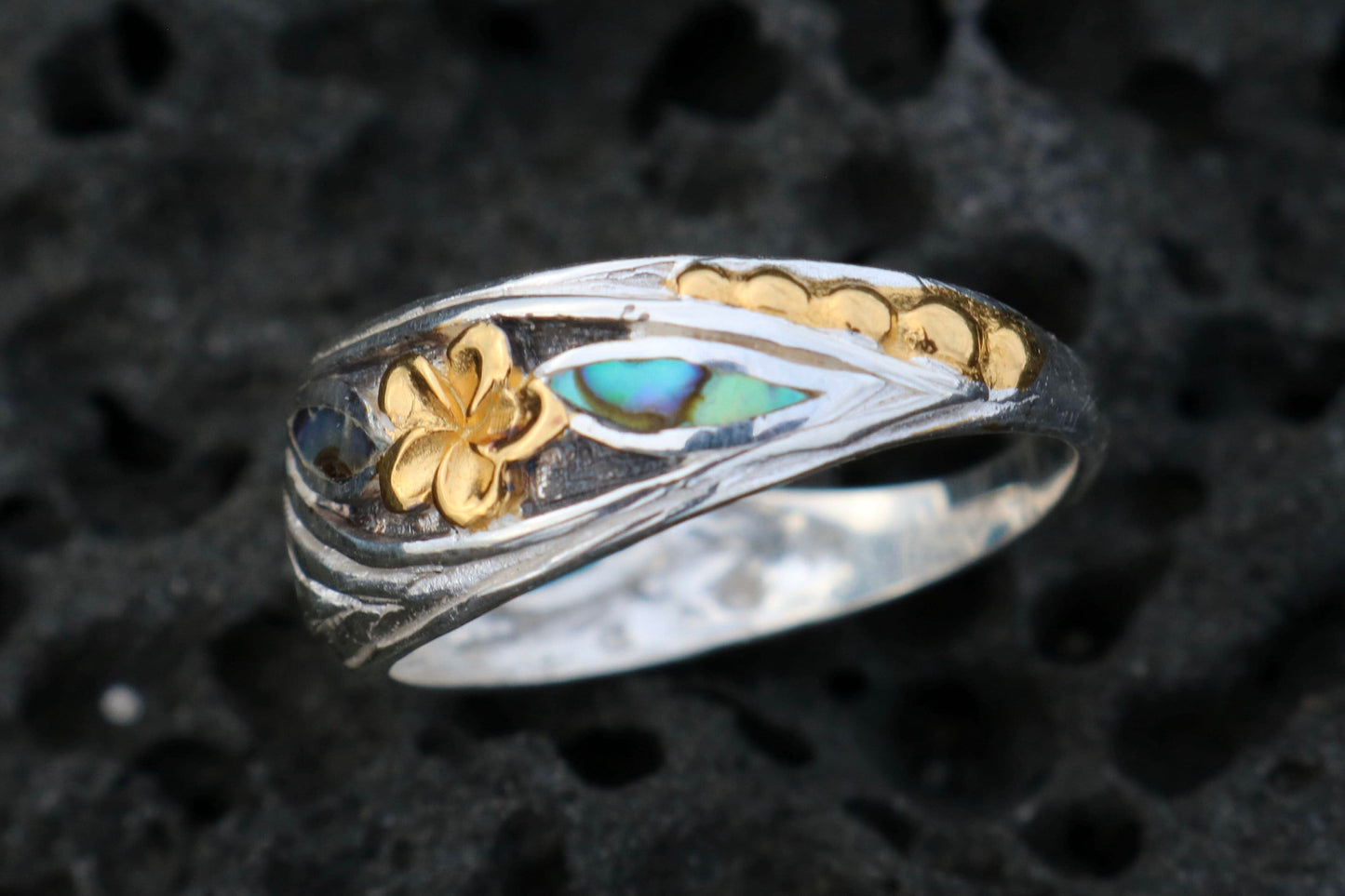 18K Gold Vermeil Plumeria Ring. Sterling Silver, Abalone Shell.