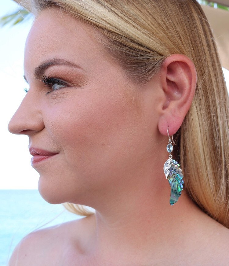 Angel Wings Earrings | Paua Abalone Shell | Sterling Silver | Blue Topaz | Gift | Jewelry | Handmade | Unique