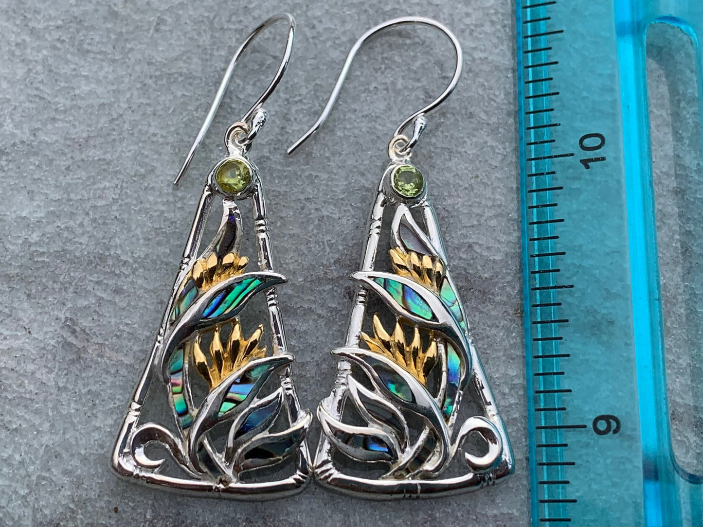 Bird of Paradise Flower Blue Peridot Silver Gold Shell Earrings