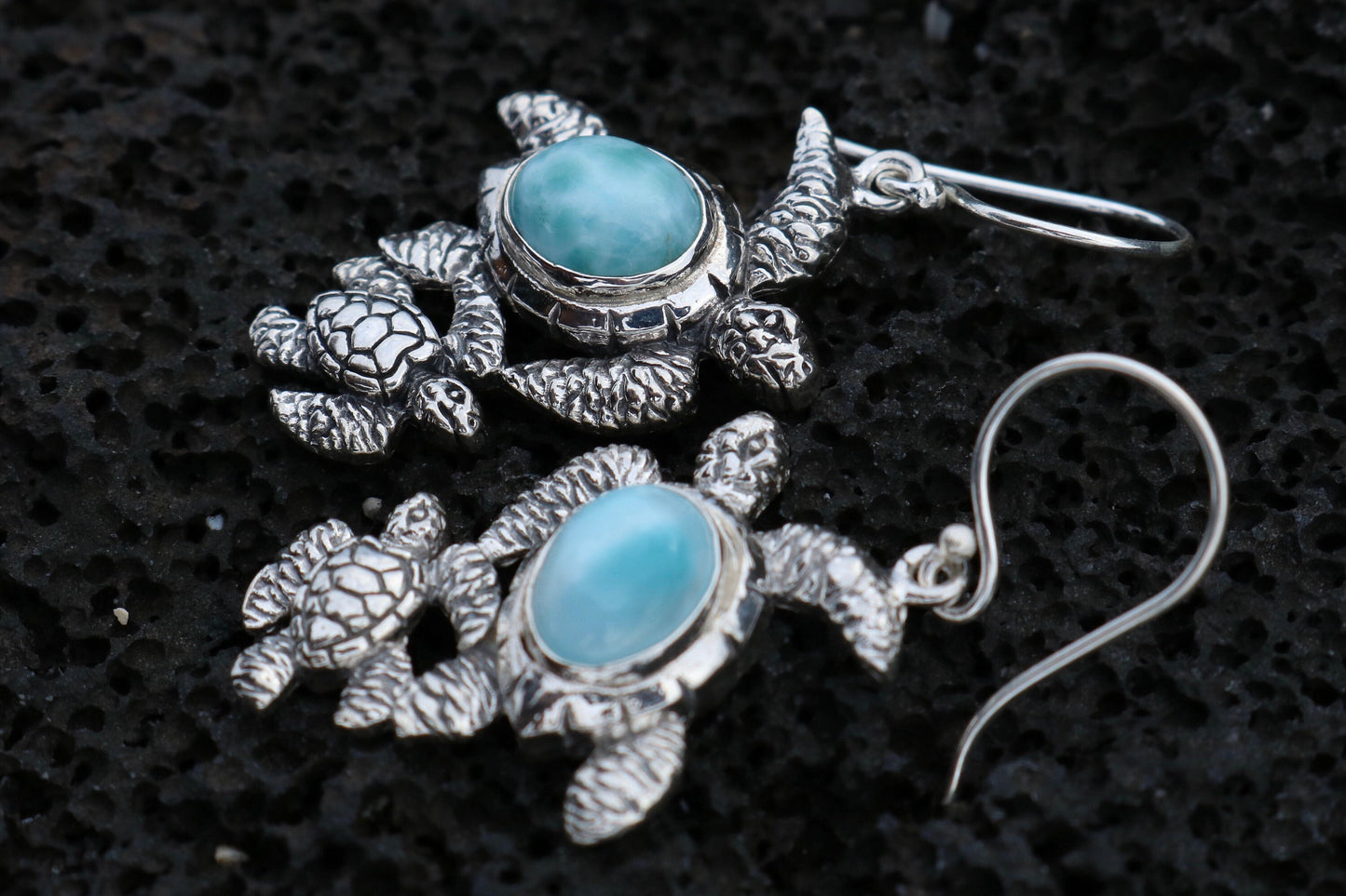 Larimar Turtles Dangle Drop Earrings. Sterling Silver.