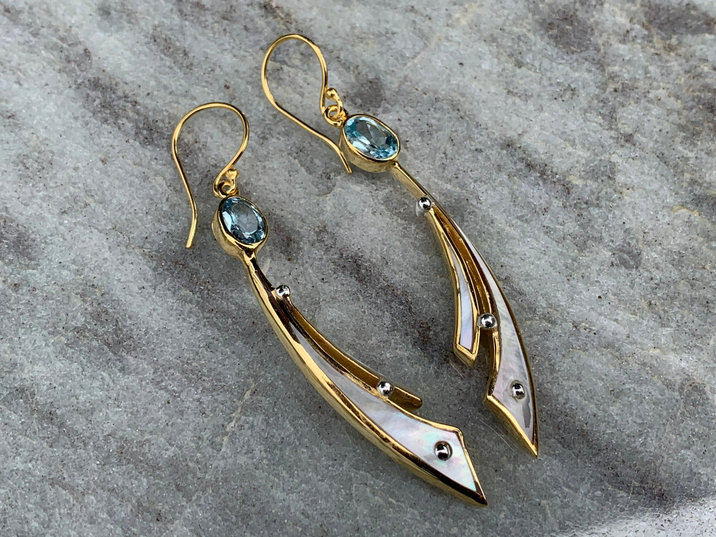 18k Gold Vermeil Wave Earrings. Blue Topaz, Mother of Pearl