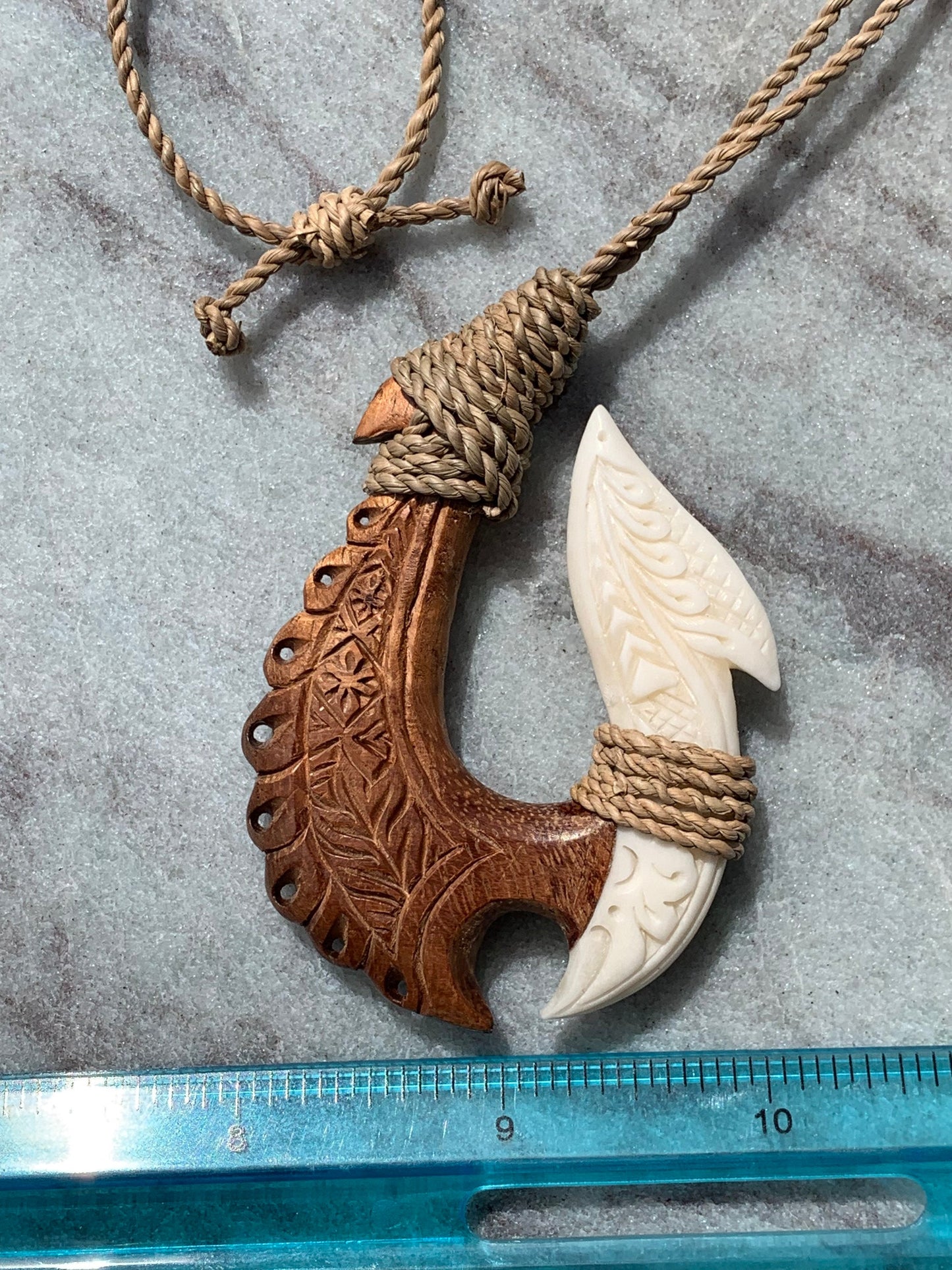 Hawaiian Makau Polynesian Matau Maui Carved Fish Hook Necklace. Bone, Wood.