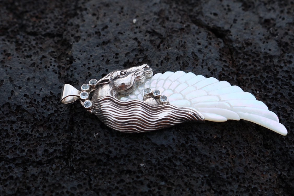Pegasus Horse Wings Cowgirl Jewelry Necklace Pendant. Sterling Silver, Blue Topaz, Mother of Pearl.