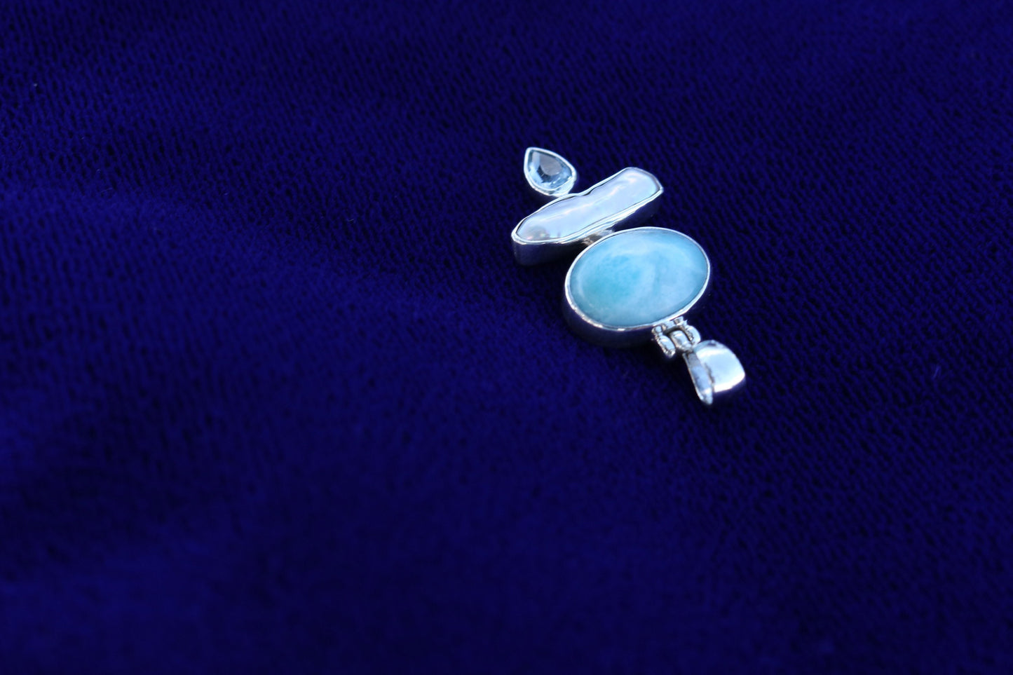 Larimar, Pearl and Blue Topaz Triple Pendant Necklace. Sterling Silver.