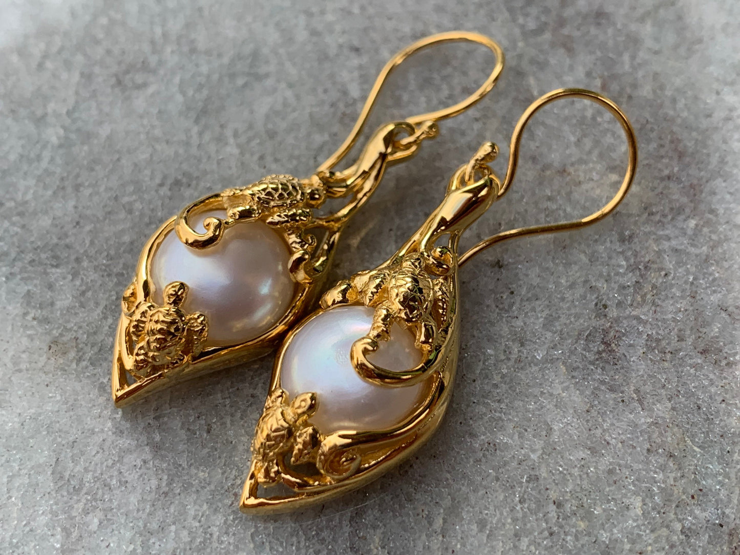 18k gold vermeil white mabe pearl turtle earrings. Hawaiian Honu.