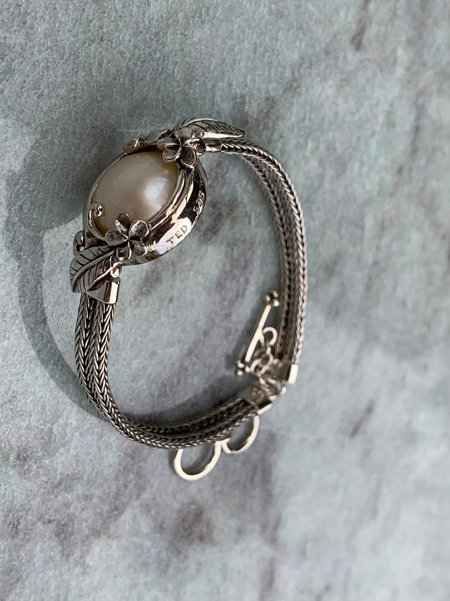 Plumeria Flower White Pearl Mabe Silver Bracelet.