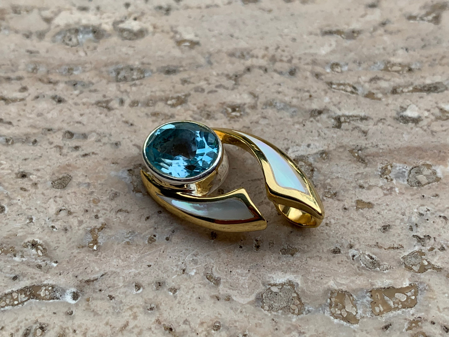 Wave Pendant. Blue Swiss Topaz, Mother of Pearl, Gold Vermeil.