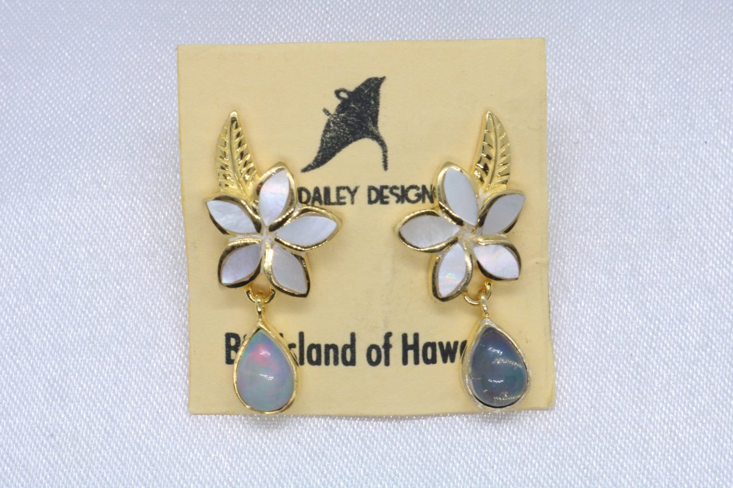 Opal Plumeria Flower 18K Gold Mother of Pearl Stud Earrings