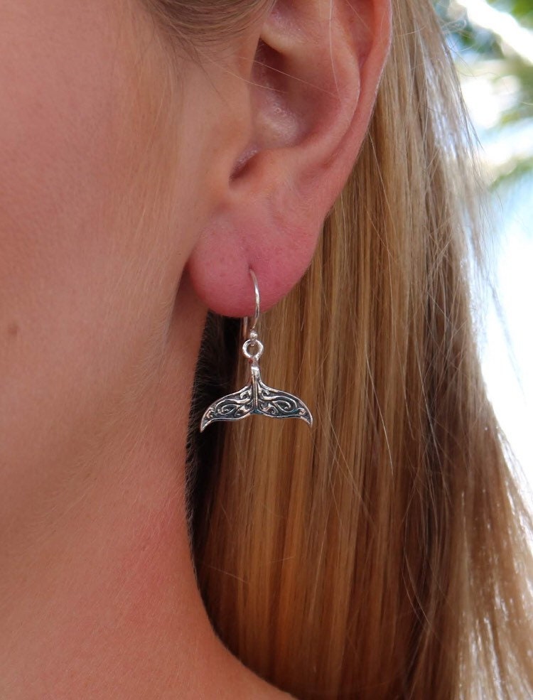 Whale Tail Earrings. Sterling Silver. Beach Jewelry.