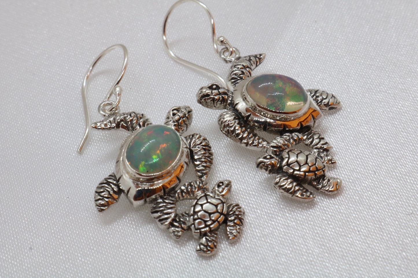 Opal Turtle Hawaiian Honu Mom and Baby Silver Earrings