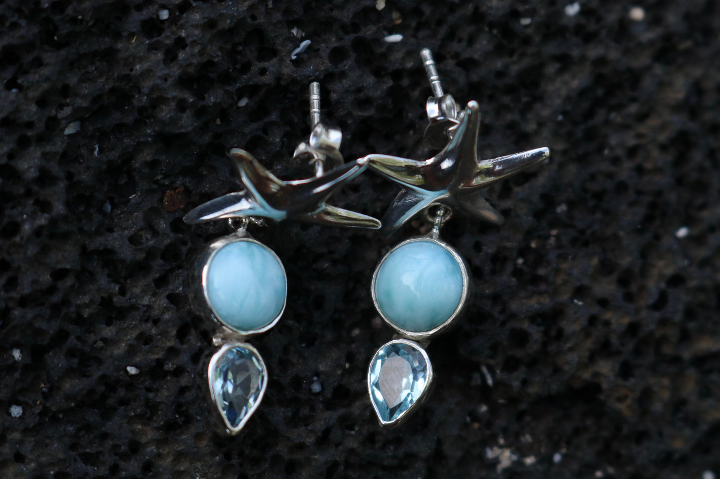 Starfish Larimar Blue Topaz Stud Earrings. Sterling Silver.