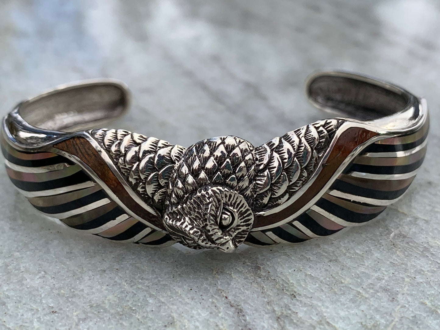 Owl cuff bracelet. Hawaiian Koa Wood. Mother of Pearl, Black Lip Oyster Shell, Sterling Silver.