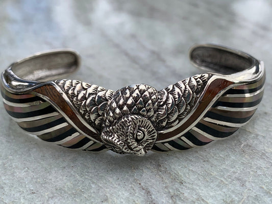 Owl cuff bracelet. Hawaiian Koa Wood. Mother of Pearl, Black Lip Oyster Shell, Sterling Silver.