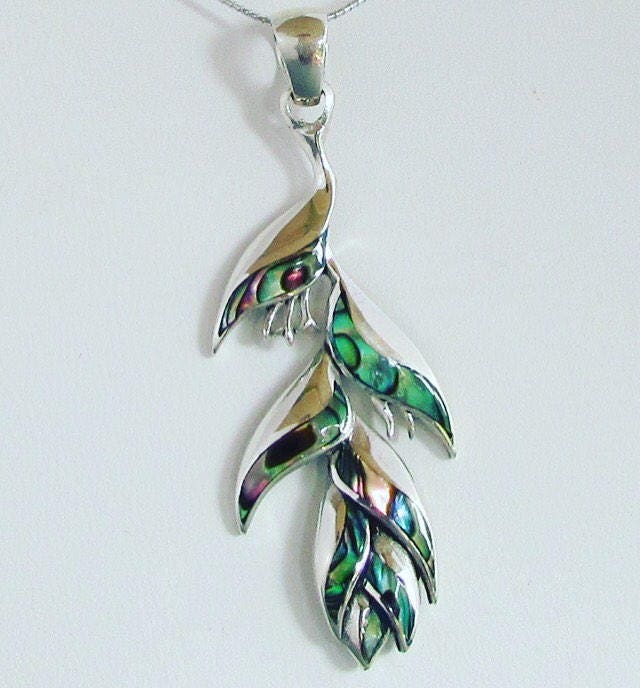 Heliconia Flower Necklace Pendant | Paua Abalone Shell | Sterling Silver | Ocean | Beach | Gift | Jewelry | Handmade | Unique