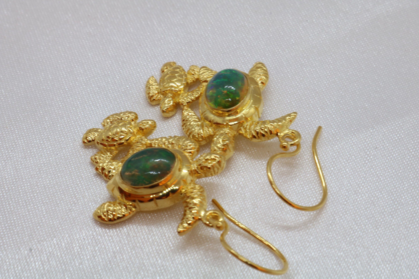 Opal Turtle Hawaiian Honu Mom and Baby 18k Gold Vermeil Earrings