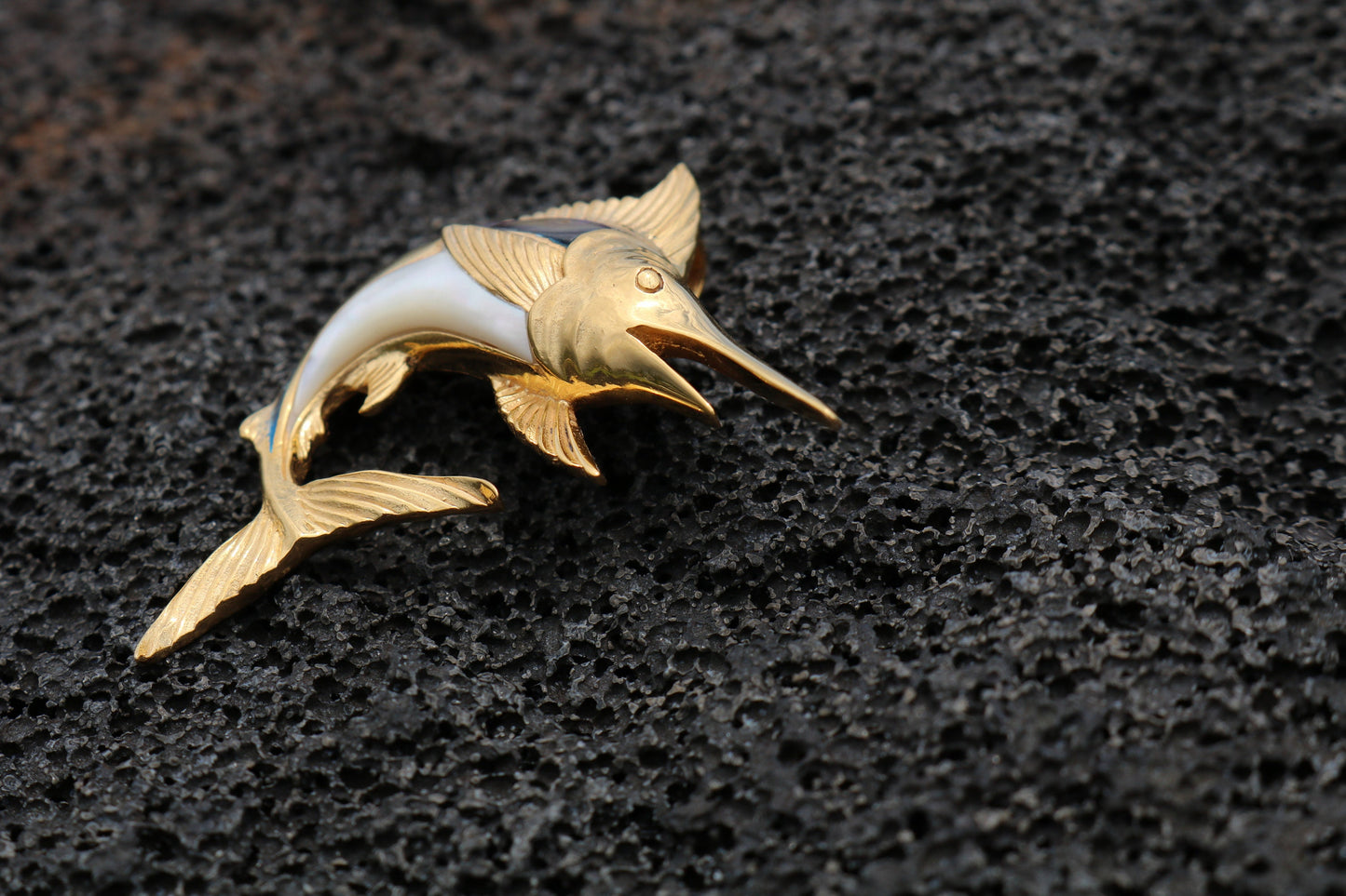 18K Gold Vermeil Aumakua Marlin Fish Necklace Pendant. Abalone Paua Shell, Mother of Pearl. Gift for Real Fisherman. Billfisher Kona.