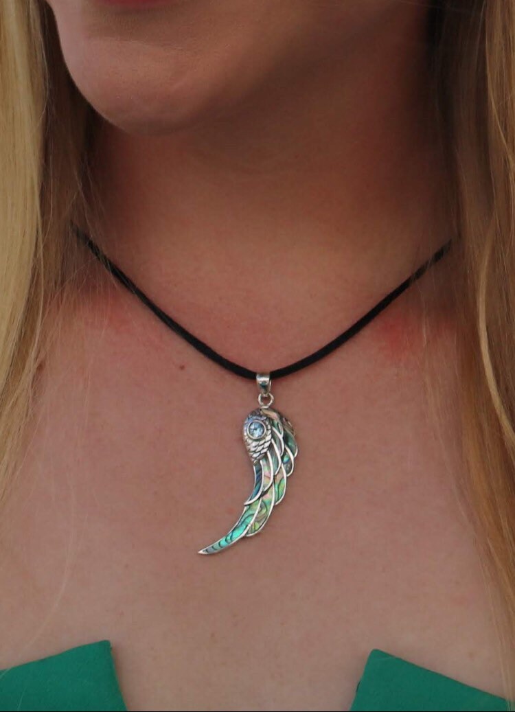 Angel Wing Necklace Pendant. Amethyst, Peridot or Blue Topaz. Abalone Paua Shell. Sterling Silver.