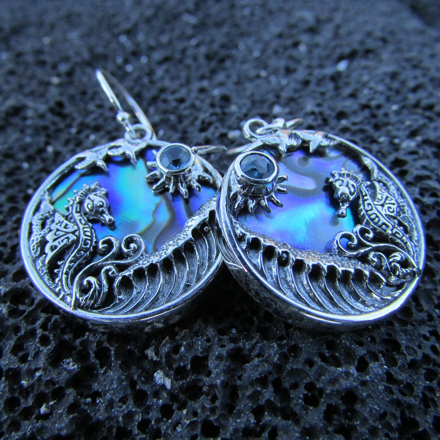 Seahorse Wave Earrings | Blue Topaz | Paua Shell | Sterling Silver | Ocean | Beach | Gift | Jewelry | Handmade | Unique