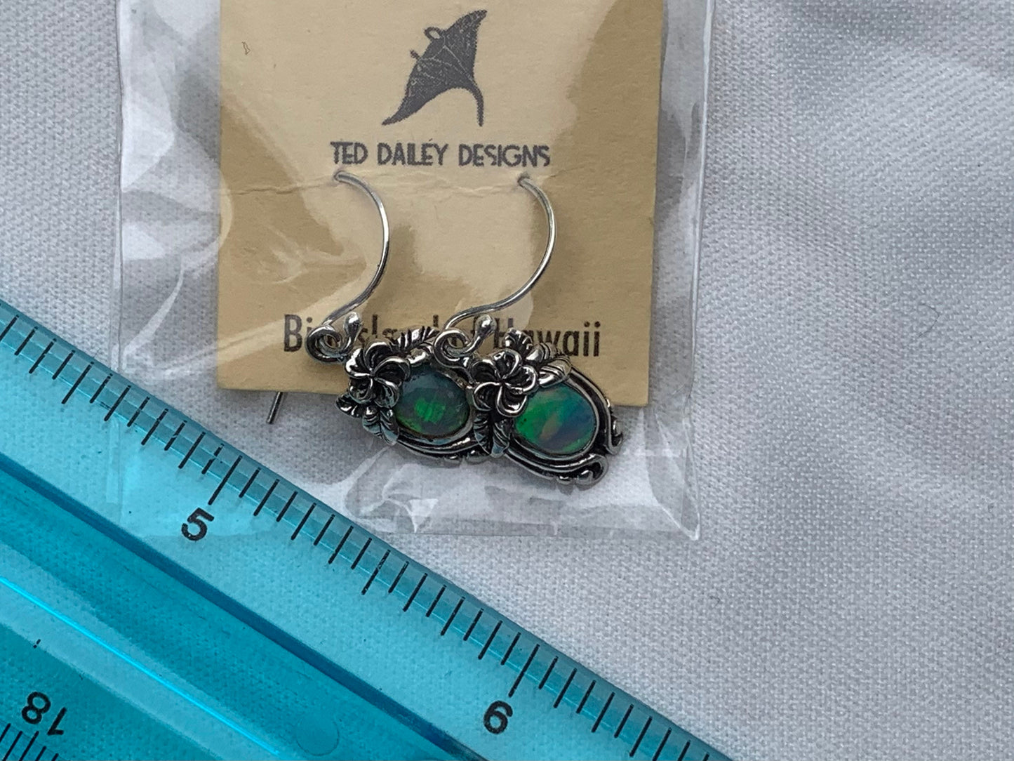 Opal Plumeria Flower Earrings. Sterling Silver.