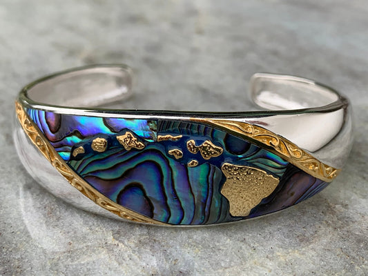 Hawaiian Islands Chain Bracelet Cuff. Kauai, Oahu, Maui, Big Island of Hawaii. Silver, 18k Gold, Abalone Paua Shell.