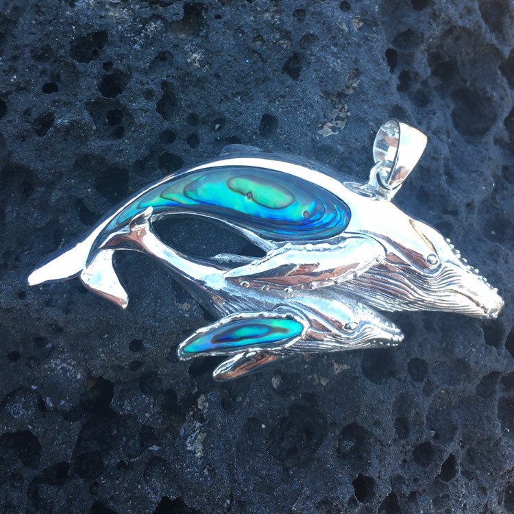 Mother and Baby Whale Necklace Pendant. Sterling Silver, Abalone Paua Shell.