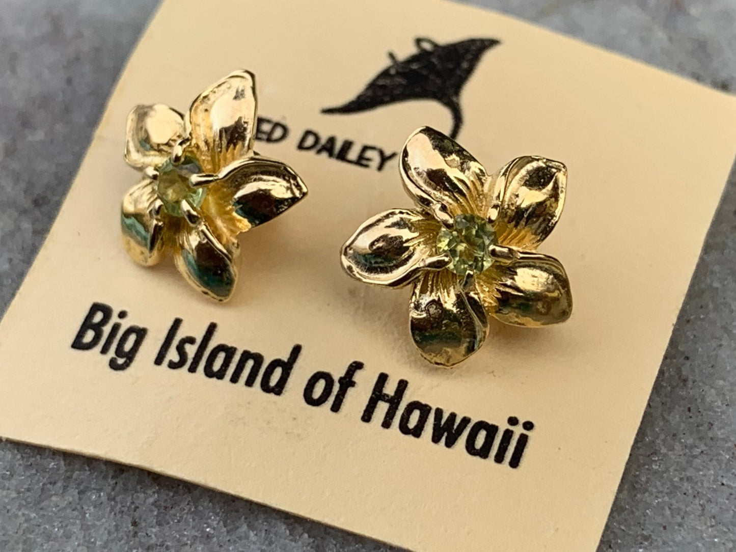 Plumeria Flower Gold Vermeil Earrings Studs. Peridot.
