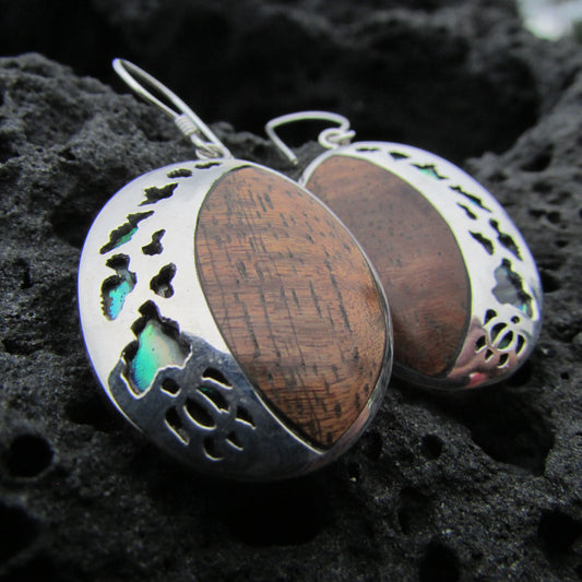 Hawaii Island Chain Earrings | Koa Wood | Sterling Silver | Abalone Paua Shell | Ocean | Beach | Gift | Jewelry | Handmade | Unique