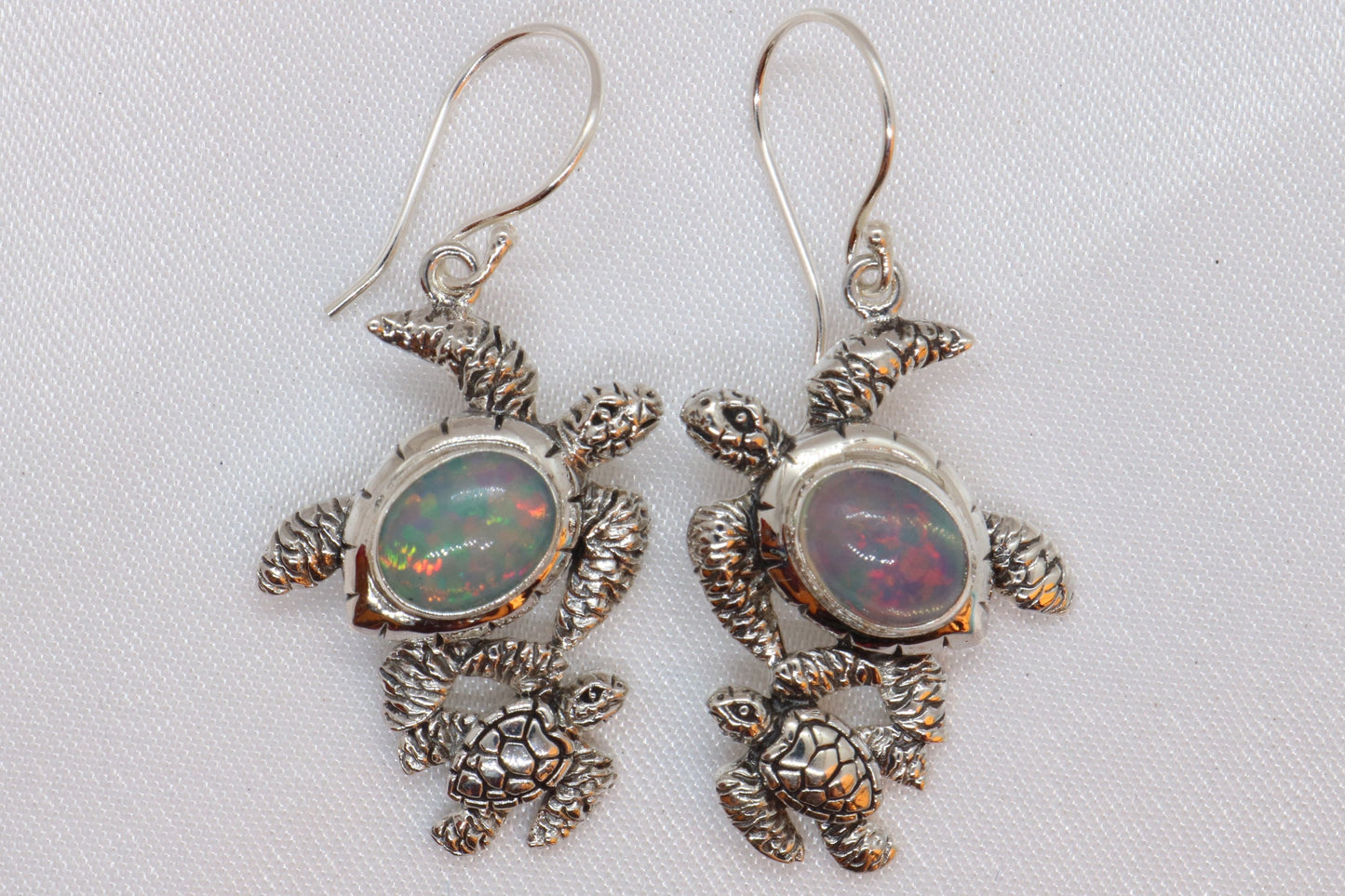 Opal Turtle Hawaiian Honu Mom and Baby Silver Earrings