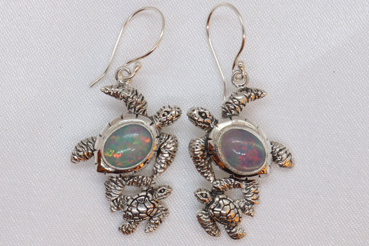 Opal Turtle Hawaiian Honu Mom and Baby Silver Earrings