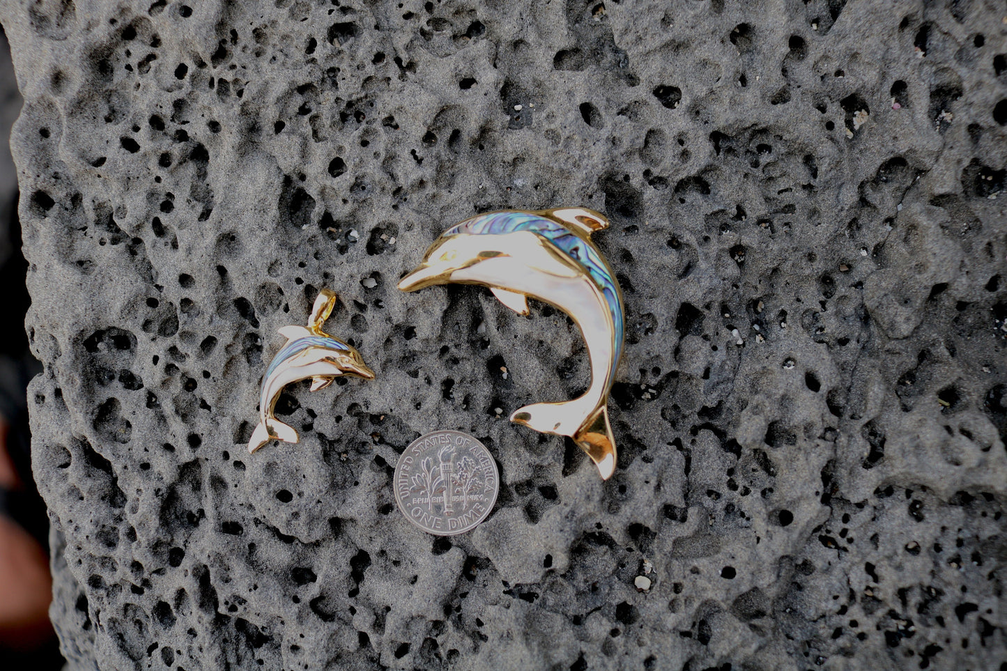 18K Gold Vermeil Aumakua Dolphin Necklace Pendant. Abalone Paua Shell, Mother of Pearl, Sterling Silver, 18K Gold.