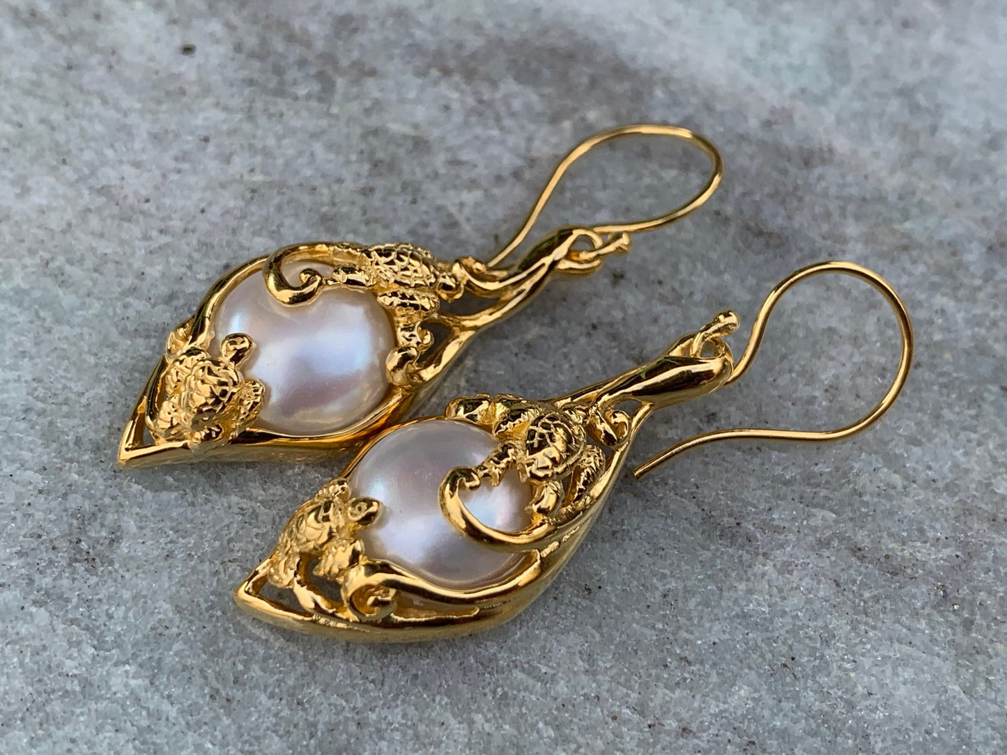 18k gold vermeil white mabe pearl turtle earrings. Hawaiian Honu.