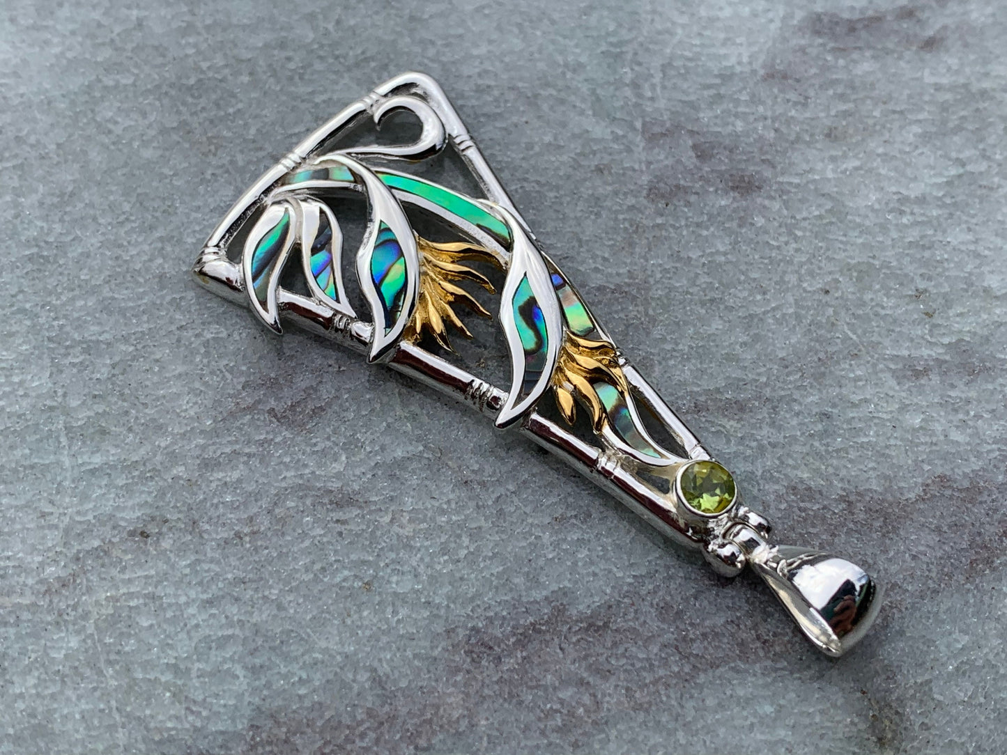 Bird of Paradise Flower Peridot Silver Gold Shell Necklace Pendant