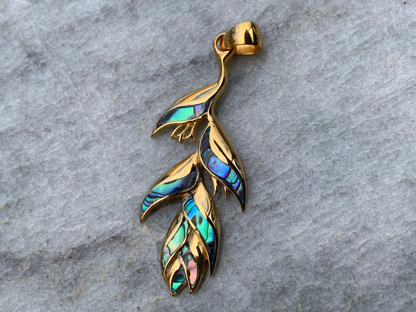 18K Gold Vermeil Heliconia Flower Necklace Pendant. Abalone Shell.