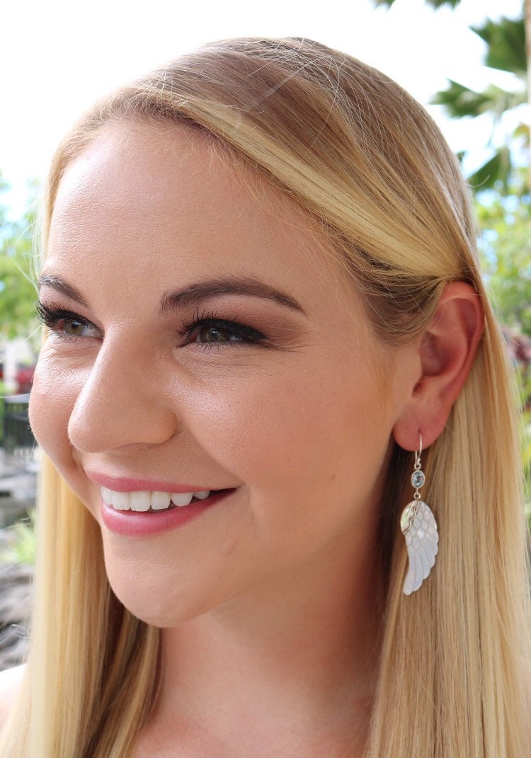 Angel Wings Earrings. Mother of Pearl. Blue Topaz. Sterling Silver.