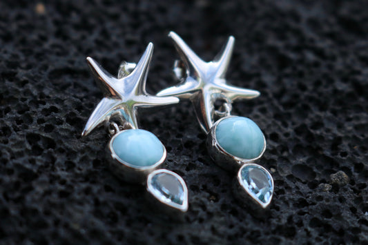 Starfish Larimar Blue Topaz Stud Earrings. Sterling Silver.