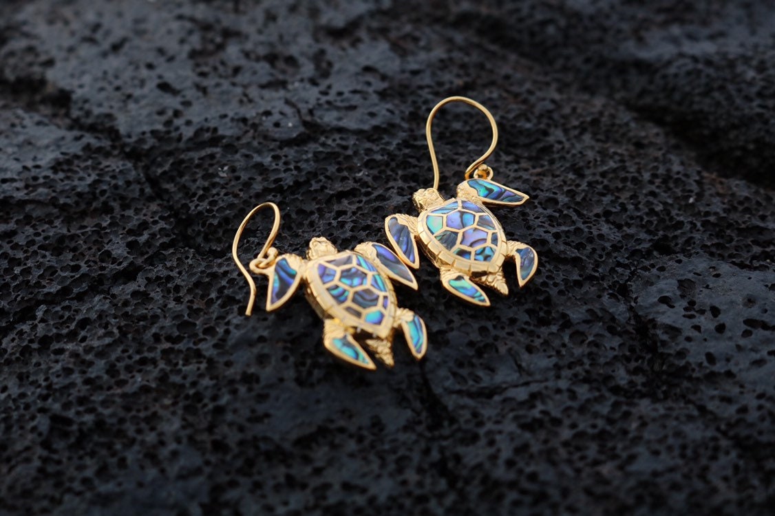 18K Gold Vermeil Green Sea Turtle Earrings. Hawaiian Honu Aumakua. Abalone Paua Shell.