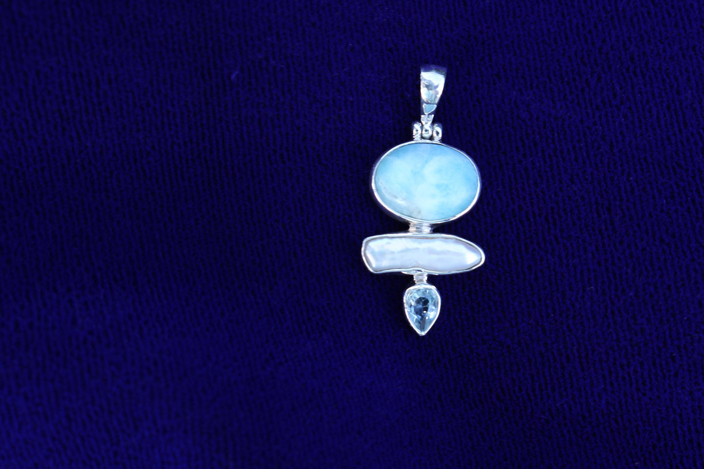 Larimar, Pearl and Blue Topaz Triple Pendant Necklace. Sterling Silver.
