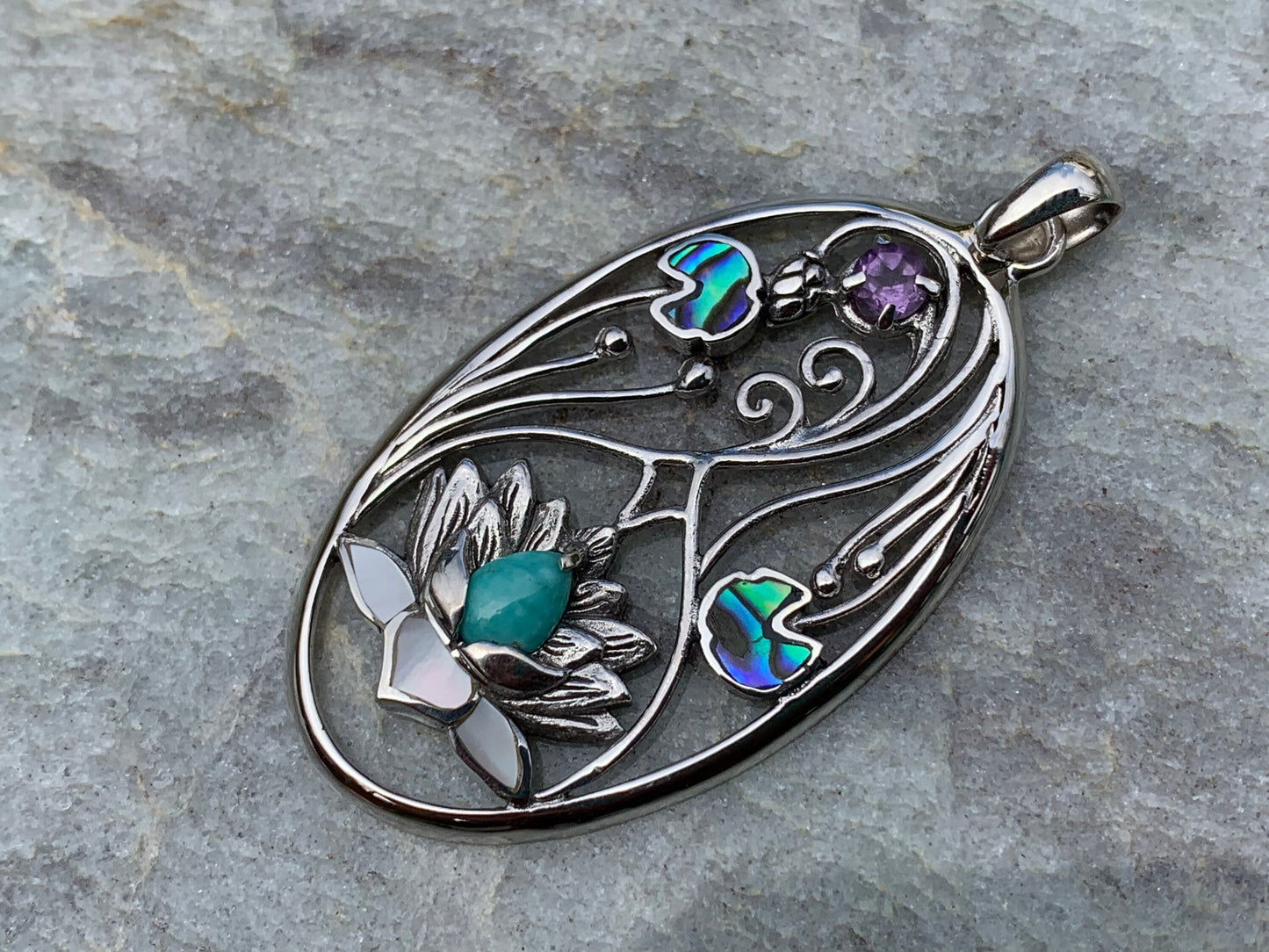 Turquoise Amethyst Lotus Necklace Pendant. Sterling Silver. Abalone Shell, Mother of Pearl.